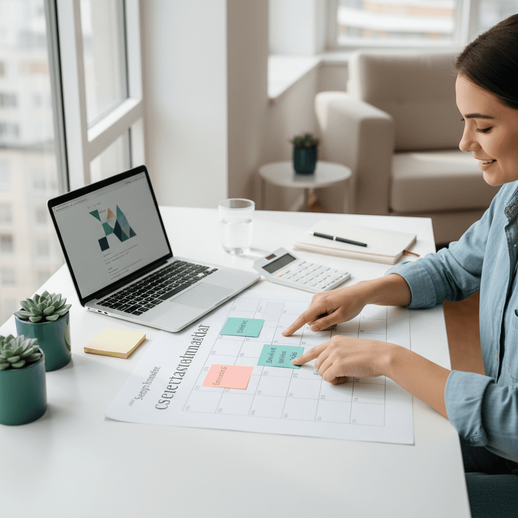 Pessoa planejando o orçamento em uma mesa com notebook e documentos.