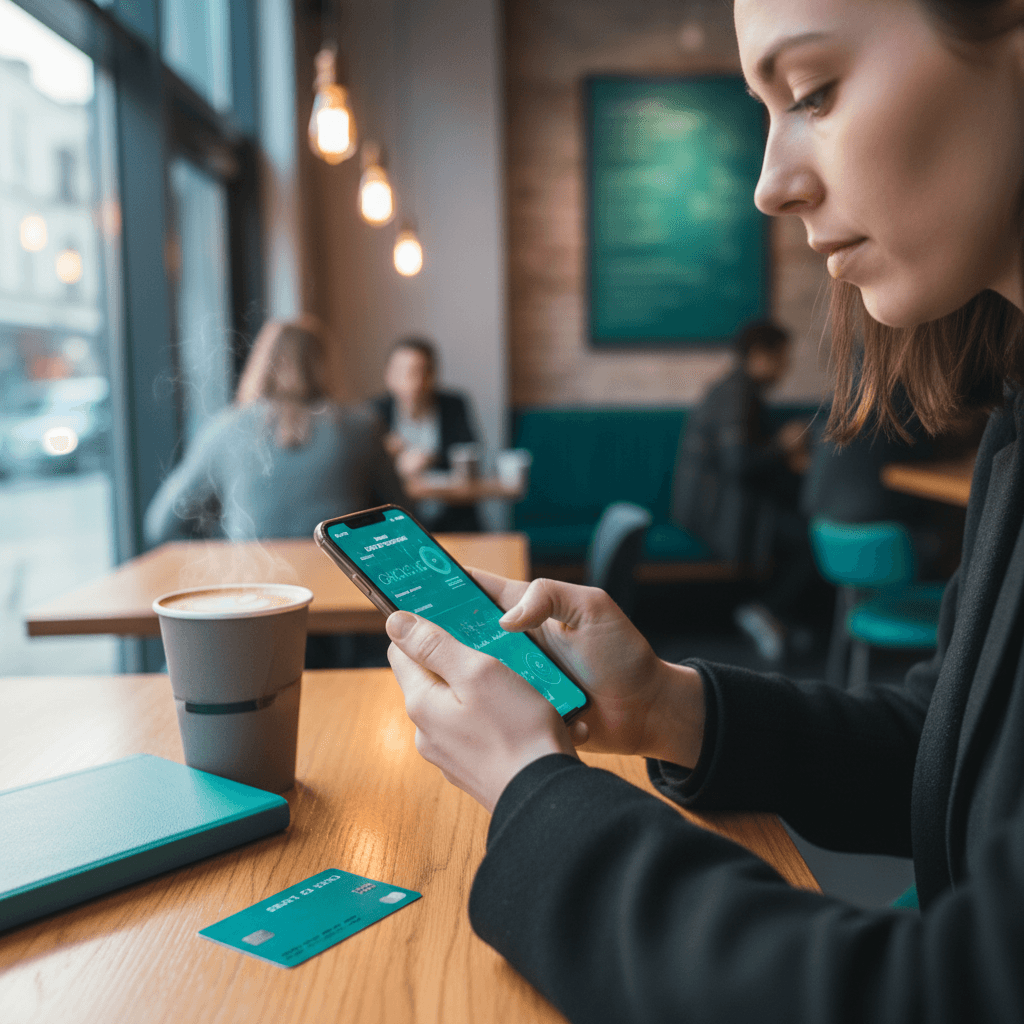 Pessoa acompanhando as finanças pelo celular em uma cafeteria.